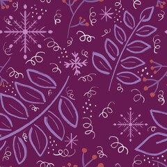 Fototapeta na wymiar Winter floral seamless snowflakes and branches and berries pattern for Christmas gift box and wrapping paper
