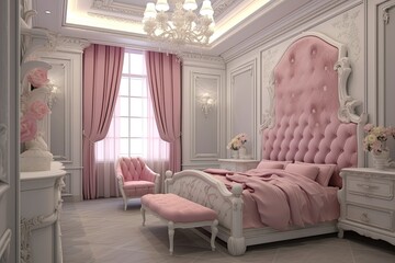 Interior design for a contemporary bedroom. Stylish bedroom in white and pink with flowers. pink and grey bedding on a king-size bed. Generative AI