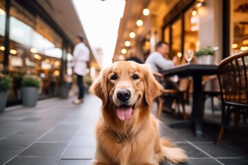 Medium shot portrait photography of a smiling golden retriever having a paw print against dog-friendly cafes and restaurants background. With generative AI technology
