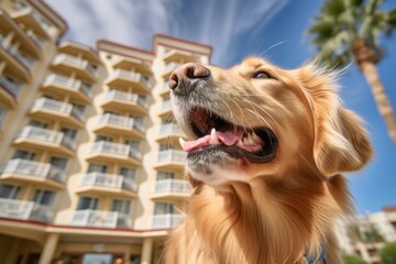 Close-up portrait photography of a happy golden retriever scratching nose against pet-friendly hotels and resorts background. With generative AI technology