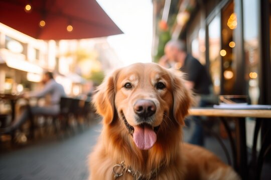 Medium shot portrait photography of a smiling golden retriever having a paw print against dog-friendly cafes and restaurants background. With generative AI technology