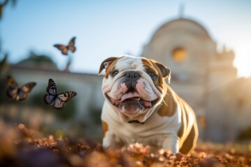 Lifestyle portrait photography of a happy bulldog having a butterfly on its nose against historic landmarks background. With generative AI technology