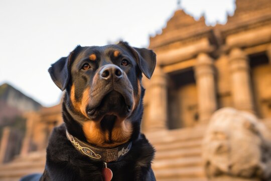 Medium shot portrait photography of a curious rottweiler being at a spa against historic landmarks background. With generative AI technology