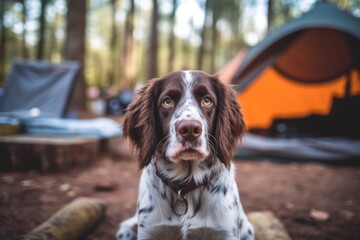 Medium shot portrait photography of a funny english springer spaniel sitting against dog-friendly campgrounds background. With generative AI technology