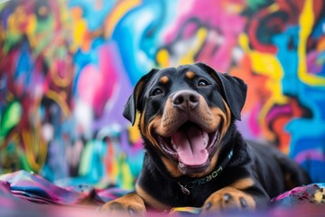 Group portrait photography of a happy rottweiler sleeping in a dog bed against graffiti walls and murals background. With generative AI technology