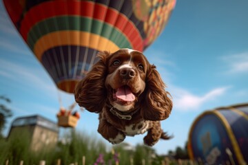 Lifestyle portrait photography of a happy cocker spaniel being in a hot air balloon against skateparks background. With generative AI technology