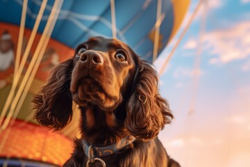 Lifestyle portrait photography of a happy cocker spaniel being in a hot air balloon against skateparks background. With generative AI technology