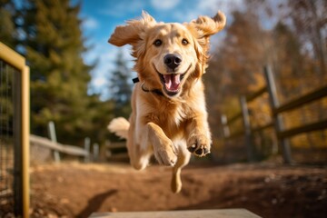 Environmental portrait photography of a happy golden retriever jumping against zoos and wildlife sanctuaries background. With generative AI technology
