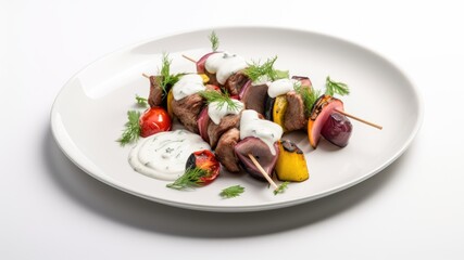 A plate of grilled lamb kebabs with yogurt sauce and grilled vegetables on White Background with copy space for your text created with generative AI technology