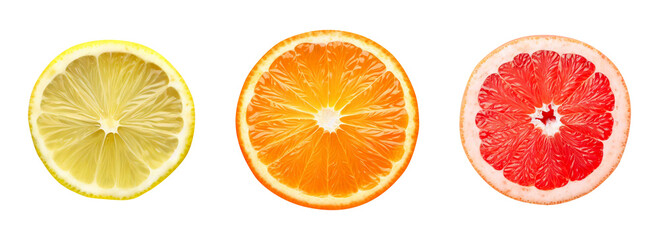 Obraz premium slices of citrus fruit set lemon orange grapefruit cut out collage elements isolated on transparent background created with Generative AI technology