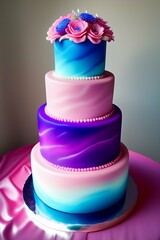 wedding cake with pink ribbon, Generative AI