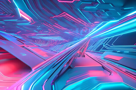 Abstract Background With Sleek And Futuristic Elements, Combining Metallic Surfaces, Neon Lights, And Holographic Displays