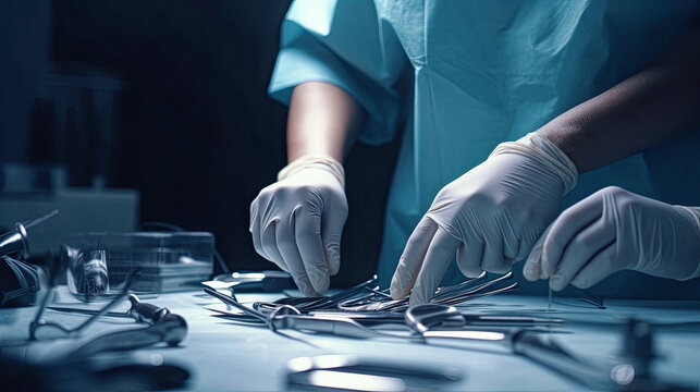 Midsection of surgical tech placing surgical tools on table in operating theatre copy space. Generative AI. 2