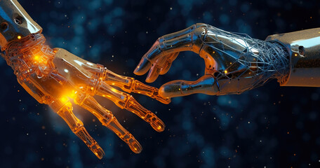 Robot hands facing away from one another to shake hands in light orange and dark indigo colors. Technological marvels and chemical reactions creating human glimmering connections. Generative Ai.