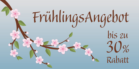 Frühlingsangebot bis zu 30% Rabatt - Schriftzug in deutscher Sprache. Verkaufsbanner mit einem Zweig mit rosa Blüten.