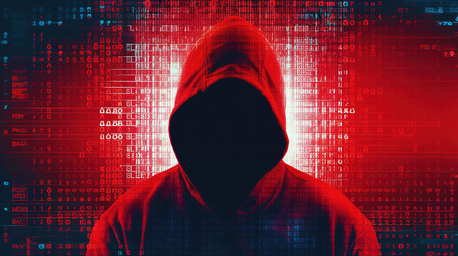 Faceless hooded anonymous computer hacker against a backdrop of red glowing binaries. Hacking into security systems via Internet concept. Generative Ai.