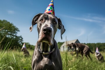 Environmental portrait photography of a curious great dane wearing a birthday hat against zoos and wildlife sanctuaries background. With generative AI technology