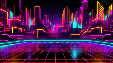 Hypnotic electric cyber city. Abstract futuristic background with glowing neon lines elements. Fantastic cyber games abstract wallpaper. Neon bright technology colorful backgrounds. Generative Ai.