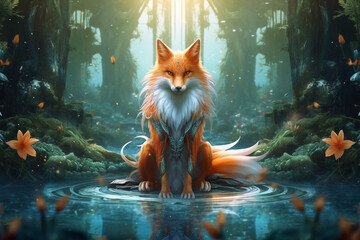Kitsune, fantasy, magic forest. AI generative
