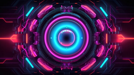 Hypnotic electric cyber rings. Abstract futuristic background with pink and blue glowing neon lights. Fantastic wallpaper. Neon rings background. Generative Ai.