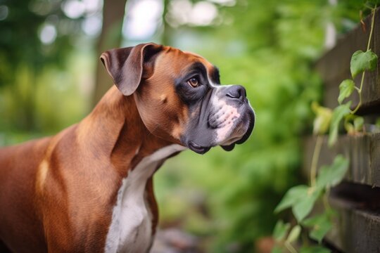 Lifestyle portrait photography of a curious boxer dog biting his tail against zoos and wildlife sanctuaries background. With generative AI technology