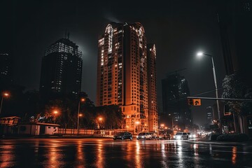 Fototapeta na wymiar city skyline at night with a towering skyscraper. Generative AI