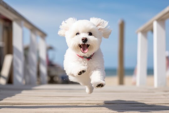 Medium shot portrait photography of a cute bichon frise jumping against beach boardwalks background. With generative AI technology