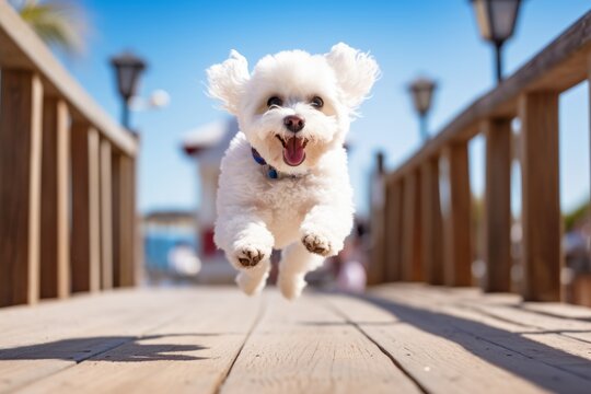 Medium shot portrait photography of a cute bichon frise jumping against beach boardwalks background. With generative AI technology