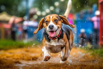 Environmental portrait photography of a happy beagle running through a sprinkler against festivals and carnivals background. With generative AI technology