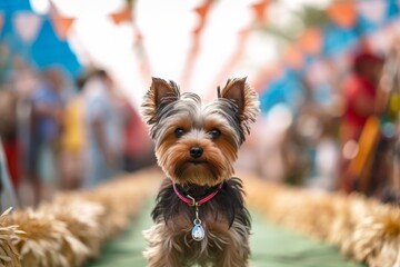 Conceptual portrait photography of a curious yorkshire terrier scratching himself against festivals and carnivals background. With generative AI technology