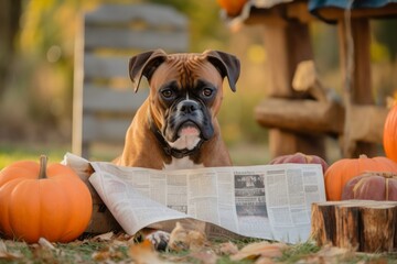 Environmental portrait photography of a curious boxer dog holding a newspaper in its mouth against pumpkin patches background. With generative AI technology