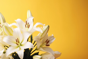 Banner or greeting card template with a bouquet of white lilies on a flat yellow background with copy space for text. Floral spring picture frame. Generative AI professional photo imitation.