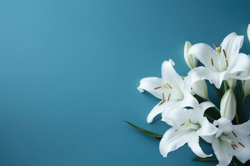 Banner or greeting card template with a bouquet of white lilies on a flat blue background with copy space for text. Floral spring picture frame. Generative AI professional photo imitation.