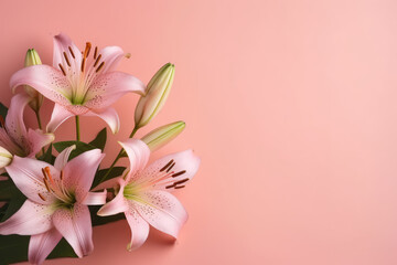 Banner or greeting card template with a bouquet of white lilies on a flat pink background with copy space for text. Floral spring picture frame. Generative AI professional photo imitation.