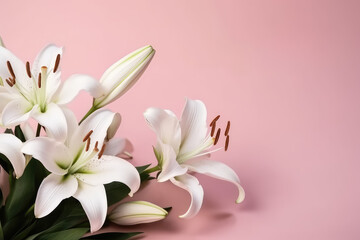Banner or greeting card template with a bouquet of white lilies on a flat pink background with copy space for text. Floral spring picture frame. Generative AI photo imitation.