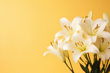 Banner or greeting card template with a bouquet of white lilies on a bright yellow background with copy space for text. Floral spring picture frame. Generative AI professional photo imitation.