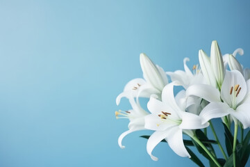 Fototapeta na wymiar Banner or greeting card template with a bouquet of white lilies on a flat pastel blue background with copy space for text. Floral spring picture frame. Generative AI professional photo imitation.