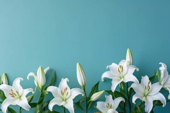 Banner or greeting card template with white lilies on a flat blue background with copy space for text. Floral spring picture frame. Generative AI professional photo imitation.