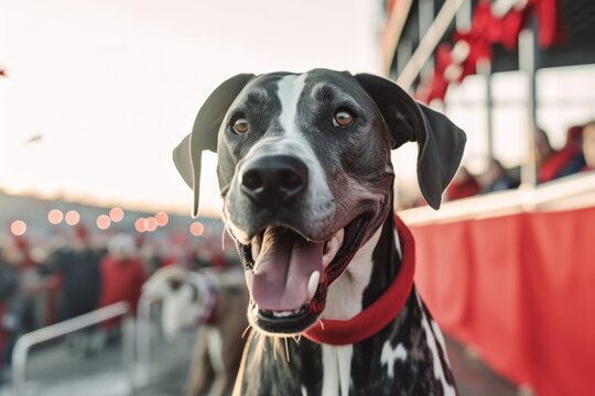 Close-up portrait photography of a happy great dane wearing a santa hat against race tracks background. With generative AI technology
