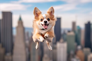 Full-length portrait photography of a smiling chihuahua jumping against city skylines background. With generative AI technology