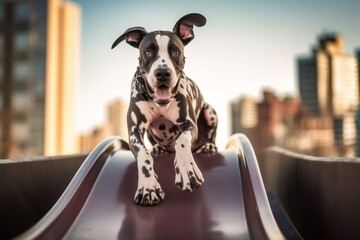 Environmental portrait photography of a cute great dane sliding down a slide against city skylines background. With generative AI technology