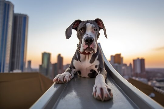 Environmental portrait photography of a cute great dane sliding down a slide against city skylines background. With generative AI technology