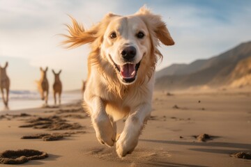 Full-length portrait photography of a happy golden retriever running on the beach against ghost towns background. With generative AI technology