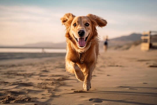 Full-length portrait photography of a happy golden retriever running on the beach against ghost towns background. With generative AI technology
