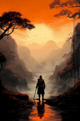 Obraz premium Silhouette of a warrior in front of a mountain. AI generative