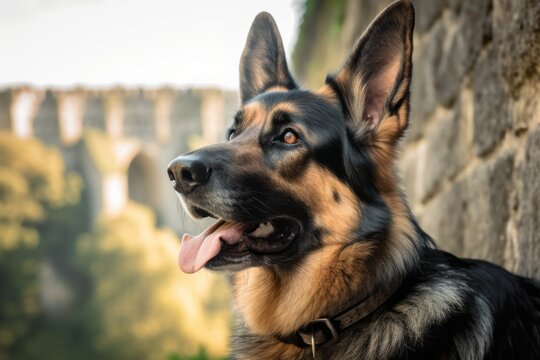 Close-up portrait photography of a cute german shepherd sniffing against natural arches and bridges background. With generative AI technology - Powered by Adobe