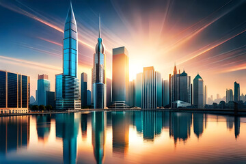  abstract background with a futuristic cityscape, featuring towering skyscrapers, futuristic transportation systems