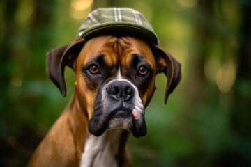 Lifestyle portrait photography of a cute boxer dog wearing a cap against bamboo forests background. With generative AI technology