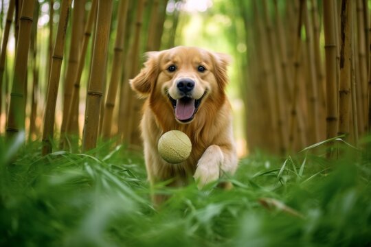 Medium shot portrait photography of a smiling golden retriever playing with a ball against bamboo forests background. With generative AI technology