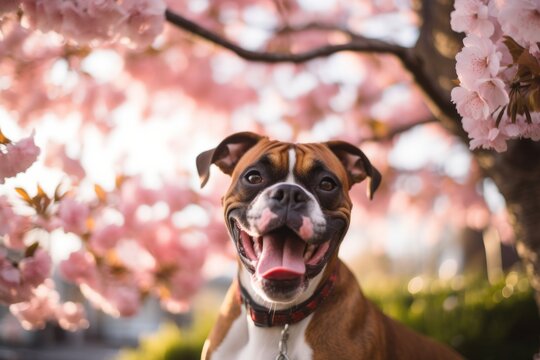 Lifestyle portrait photography of a happy boxer dog sitting against cherry blossom parks background. With generative AI technology
